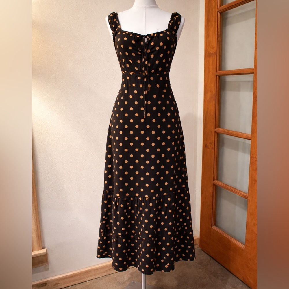 Cynthia Rowley Black Polka Dot Linen Blend Midi Dress Size 6 Tie Front
